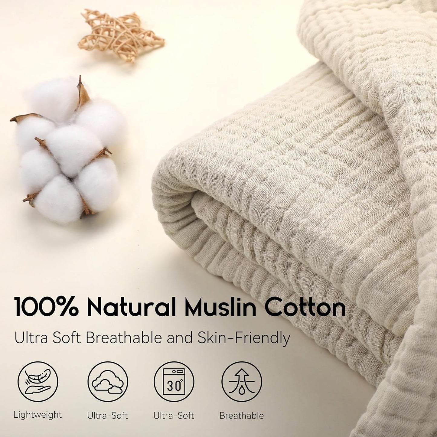 Yoofoss Muslin Blanket 100% Organic Cotton Throw Large 50" x 60" for Bed Couch Summer Gauze Blanket for Adults Lightweight and Breathable Apricot White