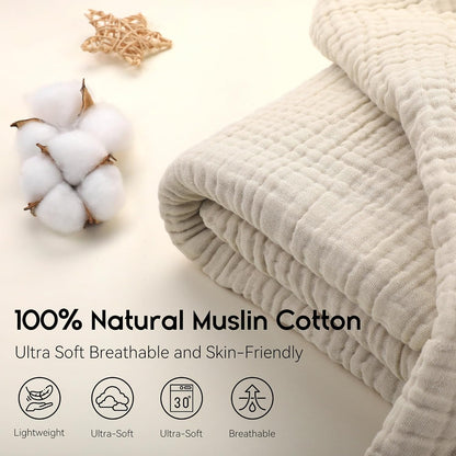 Yoofoss Muslin Blanket 100% Organic Cotton Throw Large 50" x 60" for Bed Couch Summer Gauze Blanket for Adults Lightweight and Breathable Apricot White