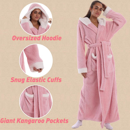 Women's Plush Flannel Robe - Hooded, Long Soft Bathrobe with Pockets, Super Warm, Loungewear for Women