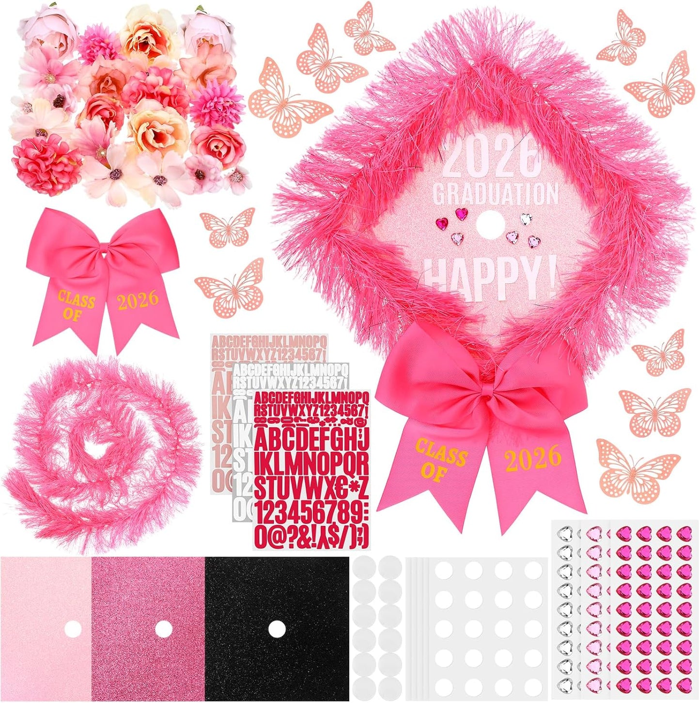54 Pcs Pink DIY Graduation Cap Decorations Kit Include Faux Flower Pink Bow 3D Butterfly Alphabet Letter Sticker Rhinestones Sticker Glitter Paper Plush Strip for DIY Hat Grad Cap Topper Grad Party