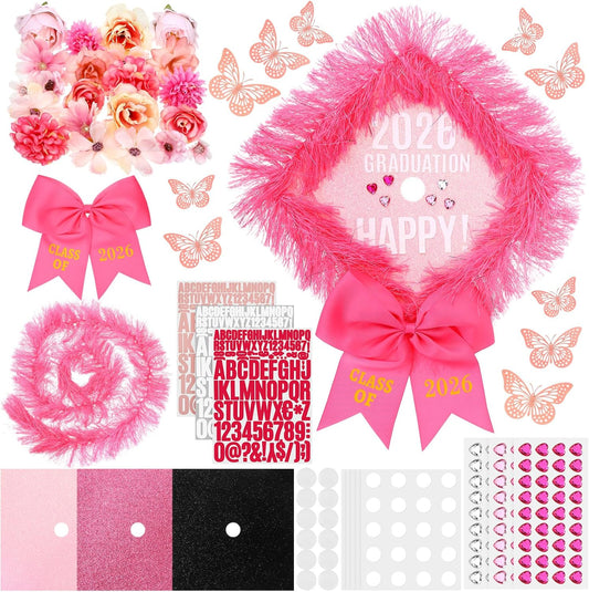 54 Pcs Pink DIY Graduation Cap Decorations Kit Include Faux Flower Pink Bow 3D Butterfly Alphabet Letter Sticker Rhinestones Sticker Glitter Paper Plush Strip for DIY Hat Grad Cap Topper Grad Party
