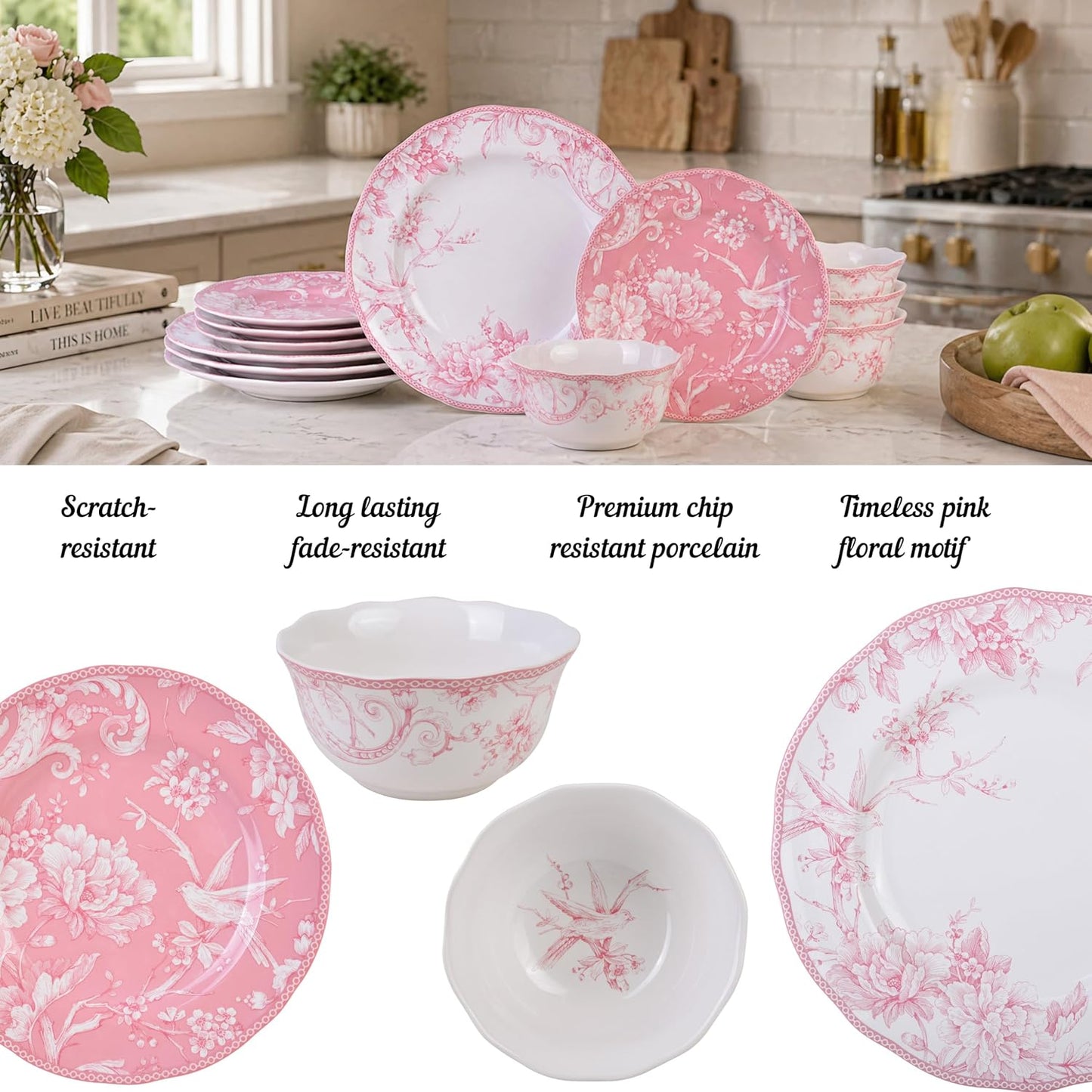 222 Fifth Adelaide Blush 12-Piece Pink Porcelain Dinnerware Set – Service for 4, Big Dinner Plates and Bowls Sets, White with Pink Floral Pattern, for Daily Entertainment, Microwave & Dishwasher Safe
