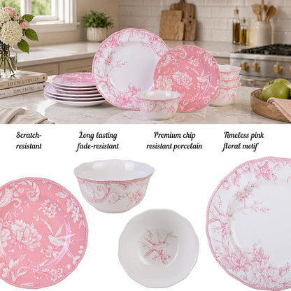 222 Fifth Adelaide Blush 12-Piece Pink Porcelain Dinnerware Set – Service for 4, Big Dinner Plates and Bowls Sets, White with Pink Floral Pattern, for Daily Entertainment, Microwave & Dishwasher Safe