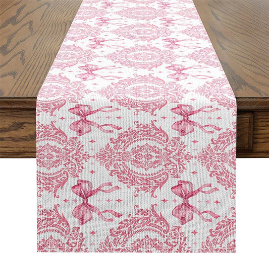 jejeloiu Pink Bow Table Runner, 13" x 72" Baroque Damask Kitchen Dining Table Decoration for Home Party, Vintage Goth Art Home Decor for Living Room Dresser Scarfs Dresser Runners for Bedroom