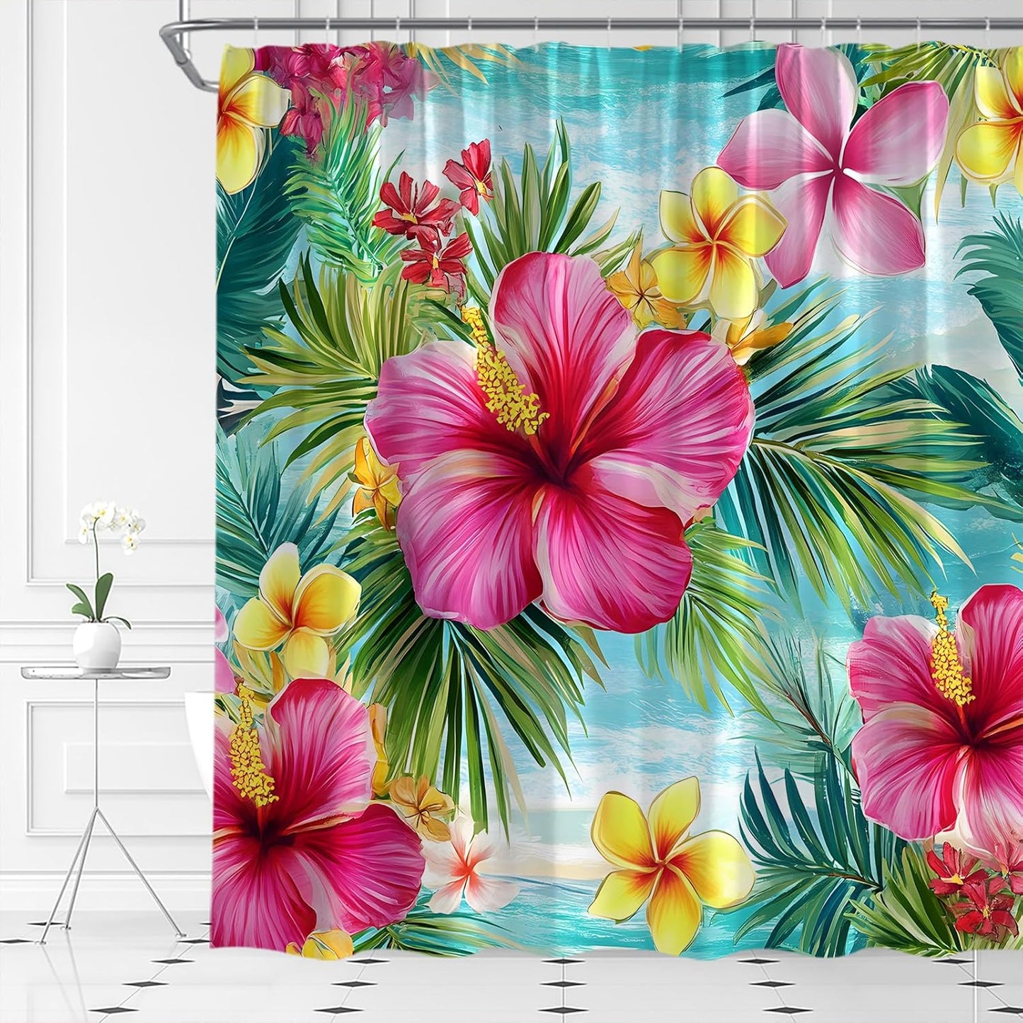Tropical Flower Shower Curtain Blooming Pink Hibiscus Green Palm Leaf Rainforest Floral Leaves Plants Botanical Home Fabric Bathroom Decor Set Include Hooks,70" WX70 H