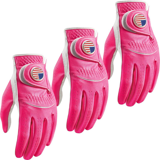 Amy Sport Golf Gloves Men Right Handed Golfer Left Hand Leather with Ball Marker Value 3 Pack, Color Leather Glove All Weather Grip Comfortable, Fit Size Small Medium Large XL