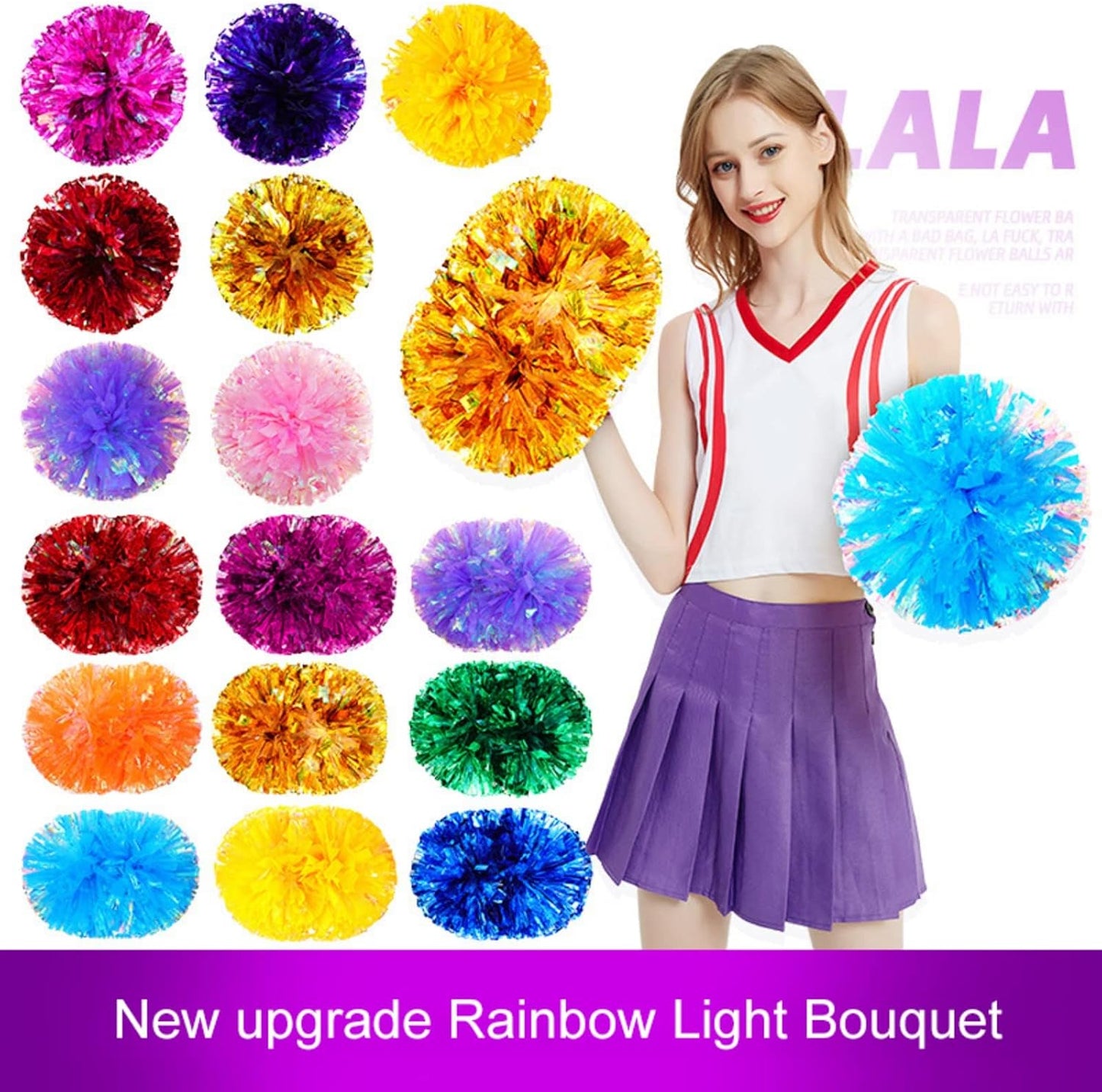 Hotfiary 2 Pack Pompoms Cheer Cheerleading Pom Poms Sports Dance Cheering Cheerleader Squad Poms with Baton Handle for Team Spirit Kids Adults Youth