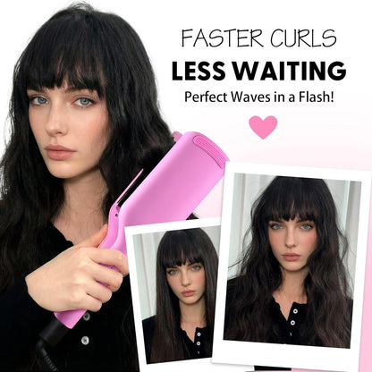 NONK Power Curling Iron Hair Crimper Waver, Ceramic Double Barrel Curling Wand, 1.25 Inch, Dual Voltage, Anti-Scald, Easy to Use, Hot Tools for Women, Pink, Gifts for Women