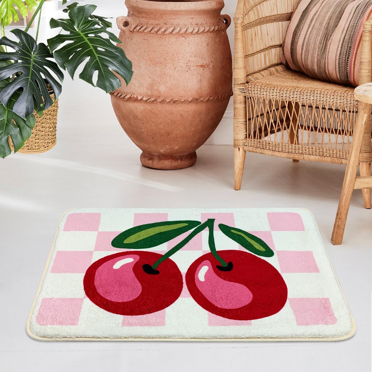 SHIYUE Cute Cherry Bath Mat for Bathroom Checkered, Non Slip Extra Soft Fluffy Absorbent Microfiber Fun Shower Decor (Pink 21"x30")