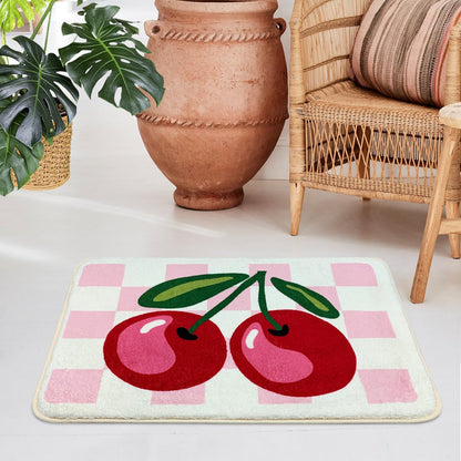SHIYUE Cute Cherry Bath Mat for Bathroom Checkered, Non Slip Extra Soft Fluffy Absorbent Microfiber Fun Shower Decor (Pink 21"x30")