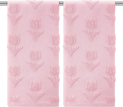 SmoothNovelty 2 Pcs Tulip Hand Towels for Bathroom Pink Tulip 100% Cotton Jacquard Weave Bath Towel Set Soft Absorbent Kitchen Towels for Bathroom Kitchen Summer Theme Gifts 13.8 x 29.5