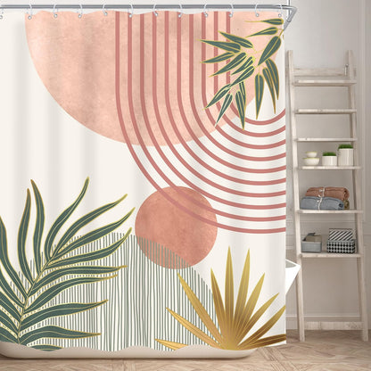 KOMLLEX Mid Century Pink Green Boho Shower Curtain 60Wx72L Inches Abstract Modern Shower Curtains for Bathroom Orange Gold Botanical Minimalist Arch Sun Fabric Liner Waterproof Polyester 12 Pack Hooks