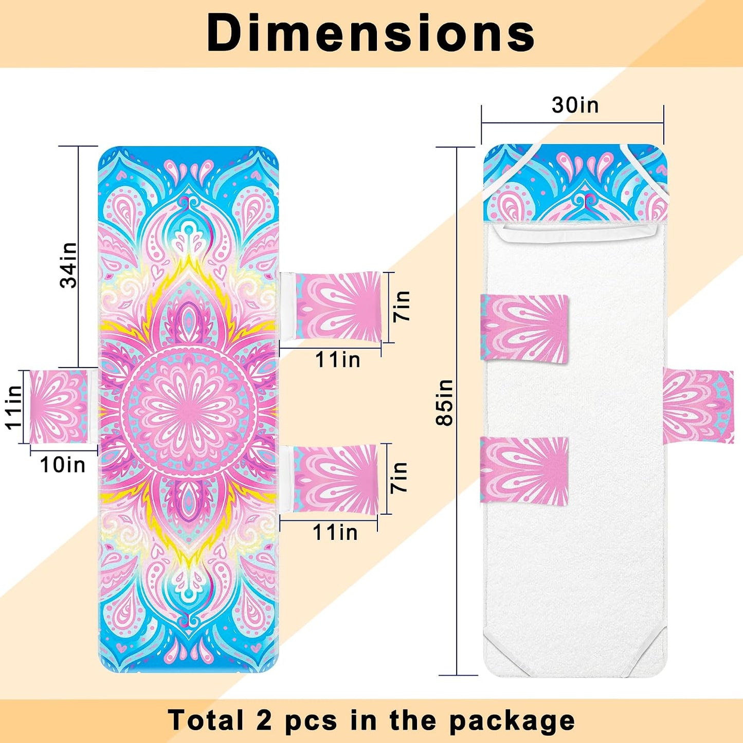 Lounge Chair Towel Cover, Chaise Lounge Cover (Pack of 2), Beach Chair Covers with 3 Pockets for Trips Beach Pool Garden Sunbathing Courtyard, 85 x30 in, Mandala Style Pink Blue