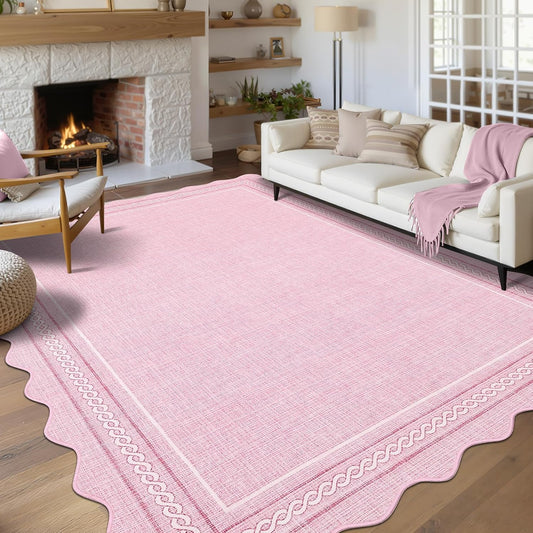 GarveeHome Scalloped Washable 8 x 10 Rug for Living Room Pink 8x10 Playroom Rug Non Slip Soft Bedroom Rugs Low Pile Large Area Rug Stain Resistant Carpet for Nursery Dining Room, Pink 8'x10'