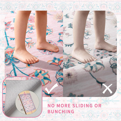 Tangsoo 3x5 Pink Small Area Rug for Bedroom Girls, Non Slip Washable Cute Floral Rug for Nursery Bedside, Soft Low Pile Front Door Carpet Indoor Entrance Inside House Bathroom Classroom Teen Room