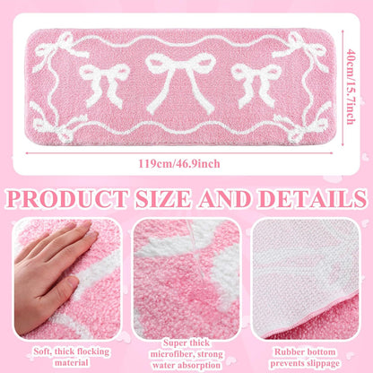 Dunzy Bow Bath Mat Bow Bedroom Rug Cute Large Non Slip Super Soft Absorbent Bathroom Rug Washable for Bedroom Bathroom Floor Tub Shower Home Decor Accessories (Pink,15.8 x 46.9 Inch)