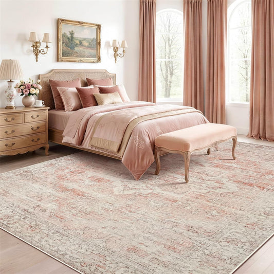 Pink Rug 5x7 for Living Room - Machine Washable Stain Resistant Area Rug for Girls Bedroom Dinning Room - Soft Faux Wool Non Slip Low Pile Carpet for Kids Nursery Room Home Office