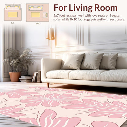 Flatwoven High Traffic Area Rug 5x7, Abstract Petal Swirl with Contemporary Pastel Tones, Non Slip, Stain Resistant, Washable Area Rugs for Living Room, Bedroom (Pink, 5x7)
