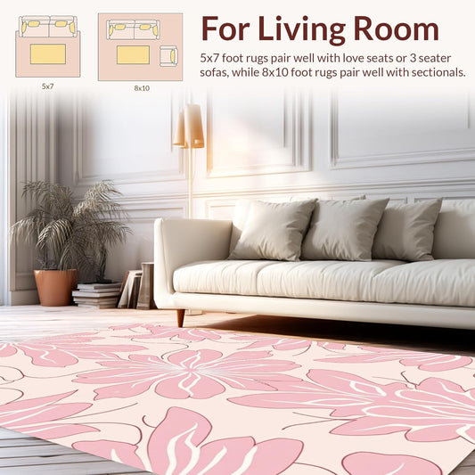 Flatwoven High Traffic Area Rug 5x7, Abstract Petal Swirl with Contemporary Pastel Tones, Non Slip, Stain Resistant, Washable Area Rugs for Living Room, Bedroom (Pink, 5x7)