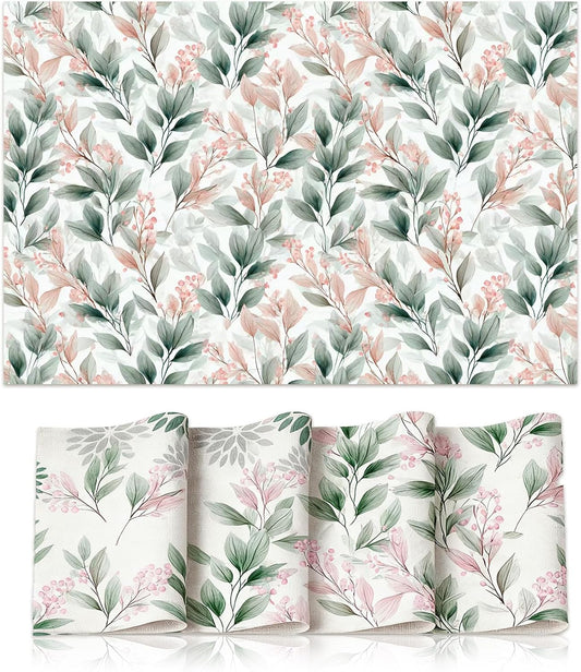 Pink Floral Table Mats Spring Placemats Set of 4, 12x18 Inch Linen Fabric Watercolor Botanical Placemats, Heat-Resistant Washable Cloth for Seasonal Party Kitchen Dining Farmhouse Decor