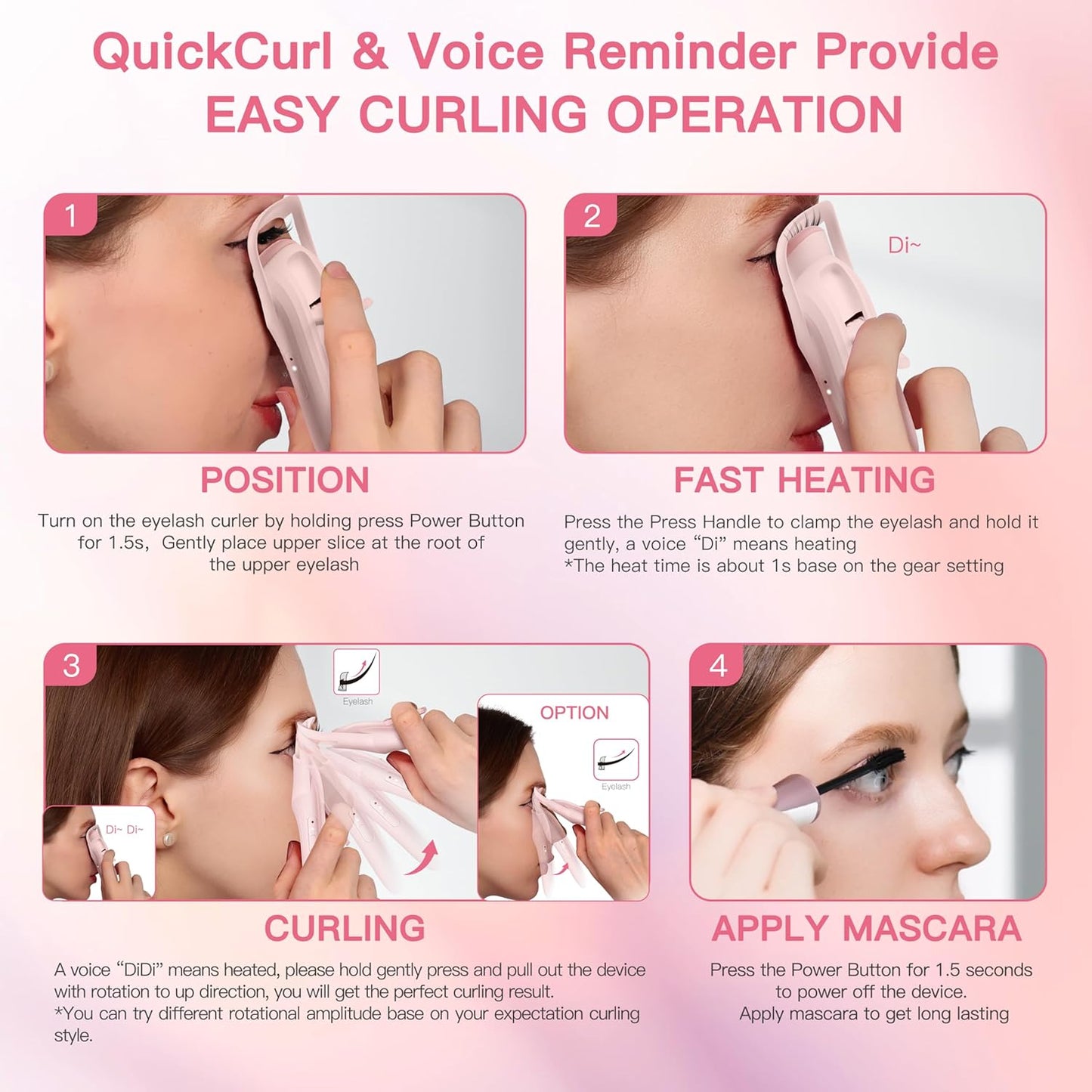 HEBECA Heated Eyelash Curler Innovative, QuickCurl 2S Heat Up, Naturally Lash Curler 70°C/85°C Adjustable Heat, Safe Food-Grade Silicone, 600mAh Battery Portable Size for Travel (Pink)