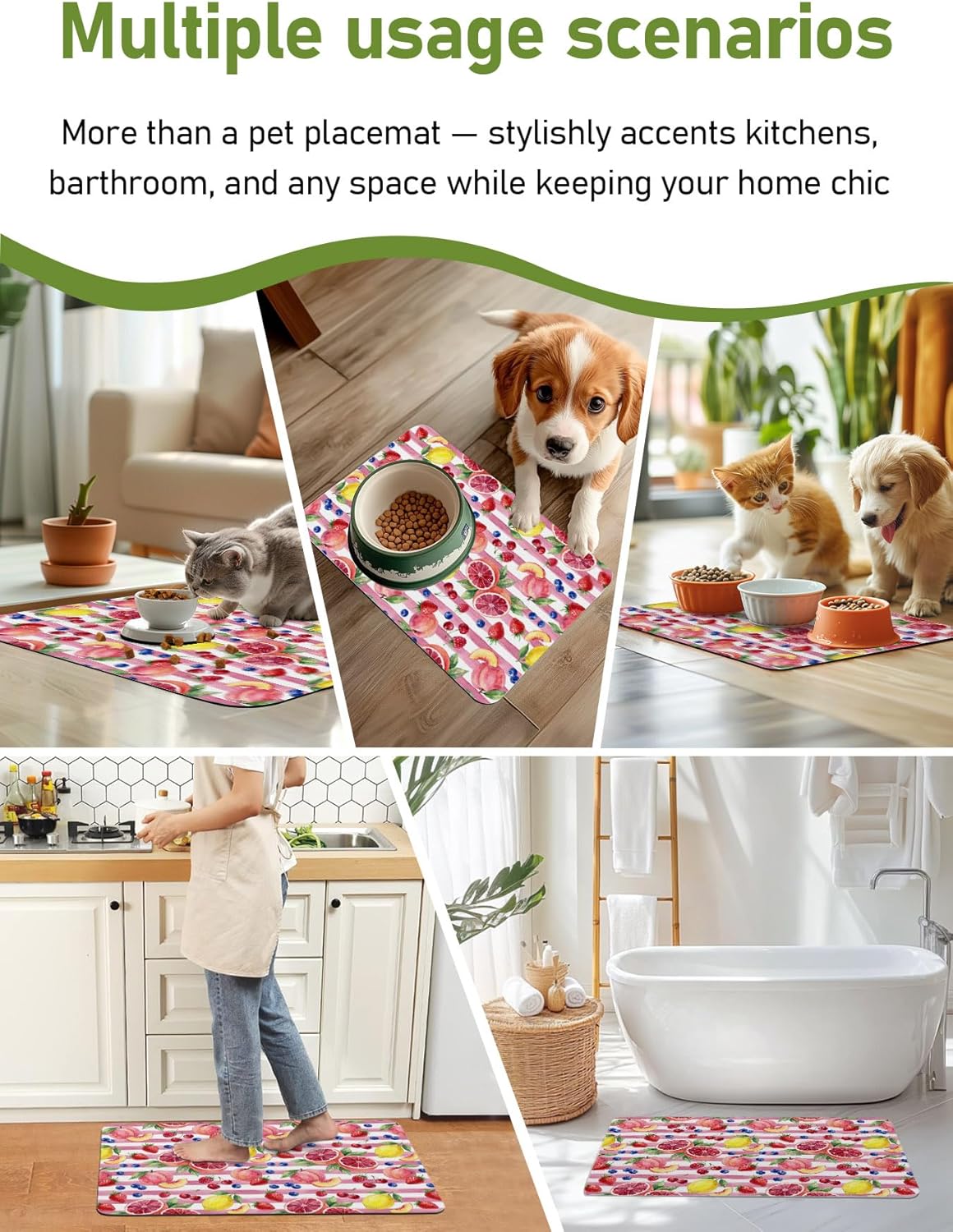 Bathroom Rug Absorbent Bath Rug, Summer Peach Lemon Grapefruit Kitchen Doormat Non-Slip Diatomaceous Earth Bath Mat, Blueberry Strawberry Pink Stripe Quick Dry Shower Mat Bath Rugs 16x24in