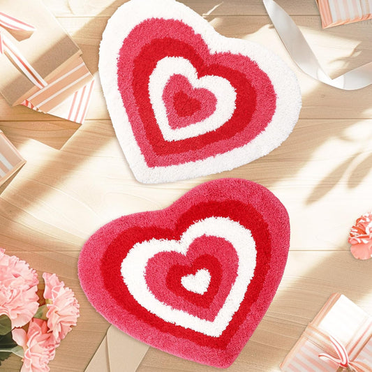 JarThenaAMCS 2 Pcs Valentine Heart Bath Mat Pink Red Heart Shaped Bathroom Rug Non Slip Absorbent Tufted Shower Rug Front Door Mat for Home Room Entrance, 19.6 x 23.6 Inch