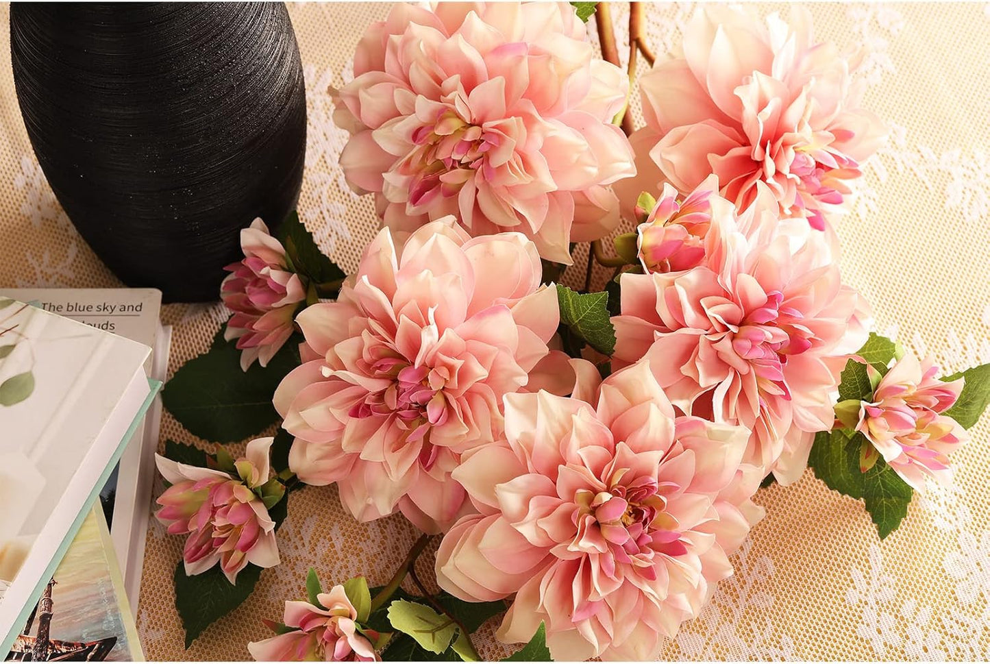 Silk Dahlia Artificial Flowers 24 Inch Long Stem - 5 Pack Fake Flowers for Wedding Bouquets,Home Decor,Spring Easter Flowers,Table Arrangements-Faux Dahlia Floral (Pink1)