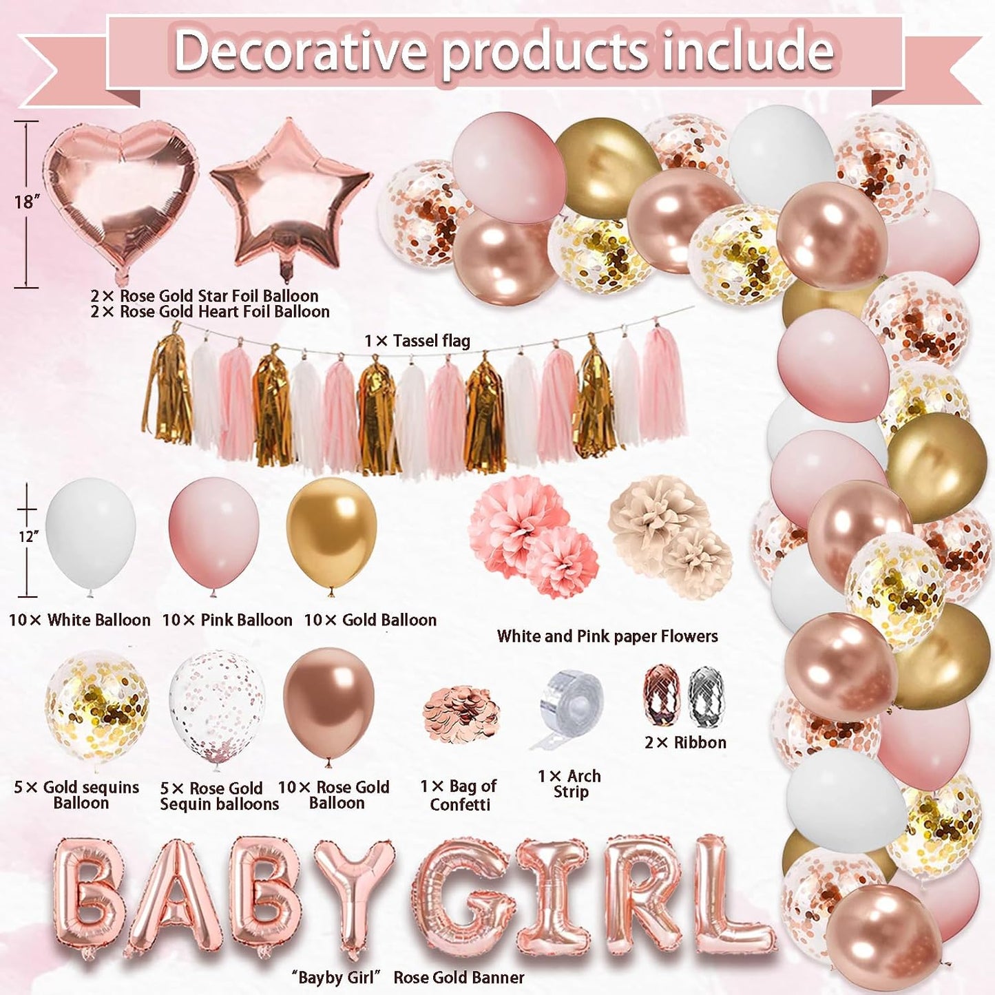 Guudmua 301Pcs Baby Shower Decorations For Girl, Girl Baby Shower Decorations Kits - Disposable Dinnerware Set With Pink Rose Gold Floral (50 Guest), "BABY girl" Banner, Balloon, Sash, Cake Topper