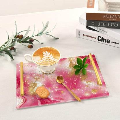 Golden Peach Waves Marble Decorative Beverage Tray with Handles Bed Serving Tray for Jewelry Perfume for Coffee Tables, Office