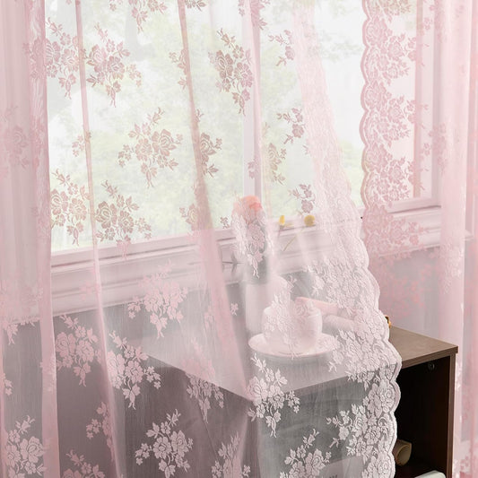 Kotile Pink Lace Curtains 63 Inch Length, 2 Panles, W42 x L63 Inch Each, Cottagecore Floral Pink Sheer Curtains for Girls Bedroom, Rod Pocket Privacy Light Filtering Vintage Lacy Curtain for Windows
