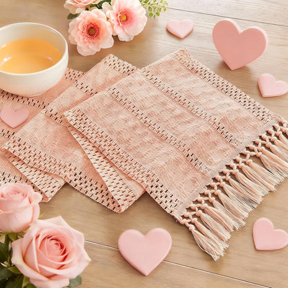 Niviy Boho Table Runner for Pink Tassel Home Decor 72 Inches Long, Rustic Macrame Cotton Linen Woven Coffee Table Runners for Wedding Party Baby Shower Dining Table Decoration, Pink