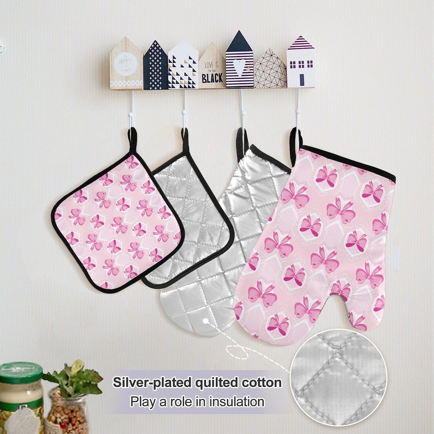 Light Pink Bows Oven Mitts and Pot Holders Sets with Adjustable Apron 5Pcs, Heat Resistant Kitchen Gloves and Non-Slip Potholders