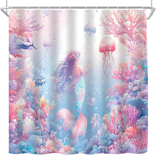 Pink Mermaid Shower Curtain Ocean Coral Reef Fish Seashell Jellyfish Watercolor Mermaid Tail Under The Sea Blue Nautical Coastal Underwater Bath Curtains with Hook,70x70 Inch