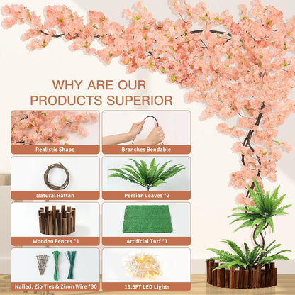 Artificial Cherry Blossom Tree with LED Light, Fake Tree Cherry Blossom Tree Artificial Champagne Pink Sakura Tree for Party, Wedding, Office, Home Decor, Indoor & Outdoor (4 x 6.5ft Vine) - by TTDMK
