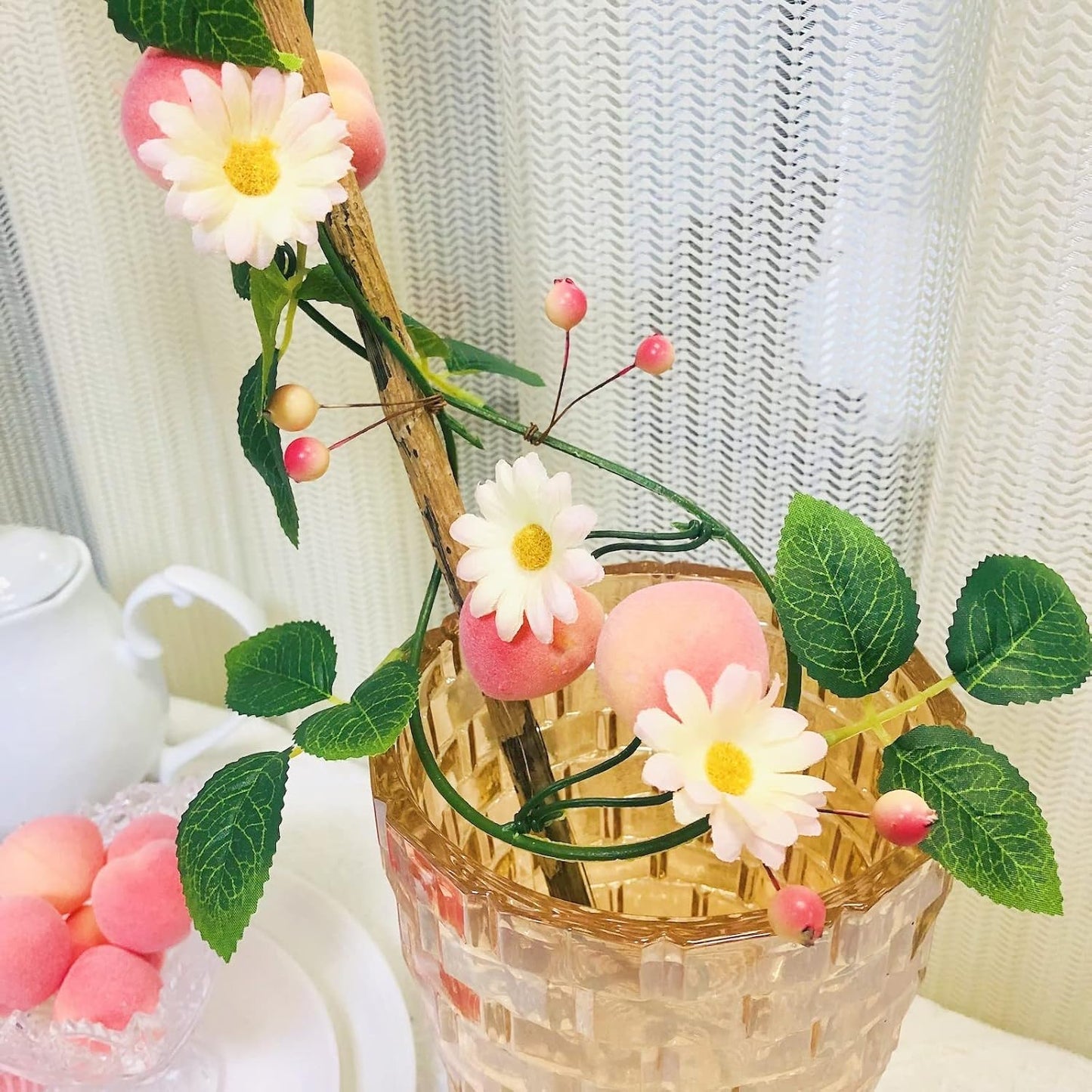 Artificial Peach Flower Vine Garland,Hanging Pink Flowers Peach Fruit Berries Plant Wreath for Wedding Home Garden Office Hotel Party Craft Art Decoration (1, Pink Peach)