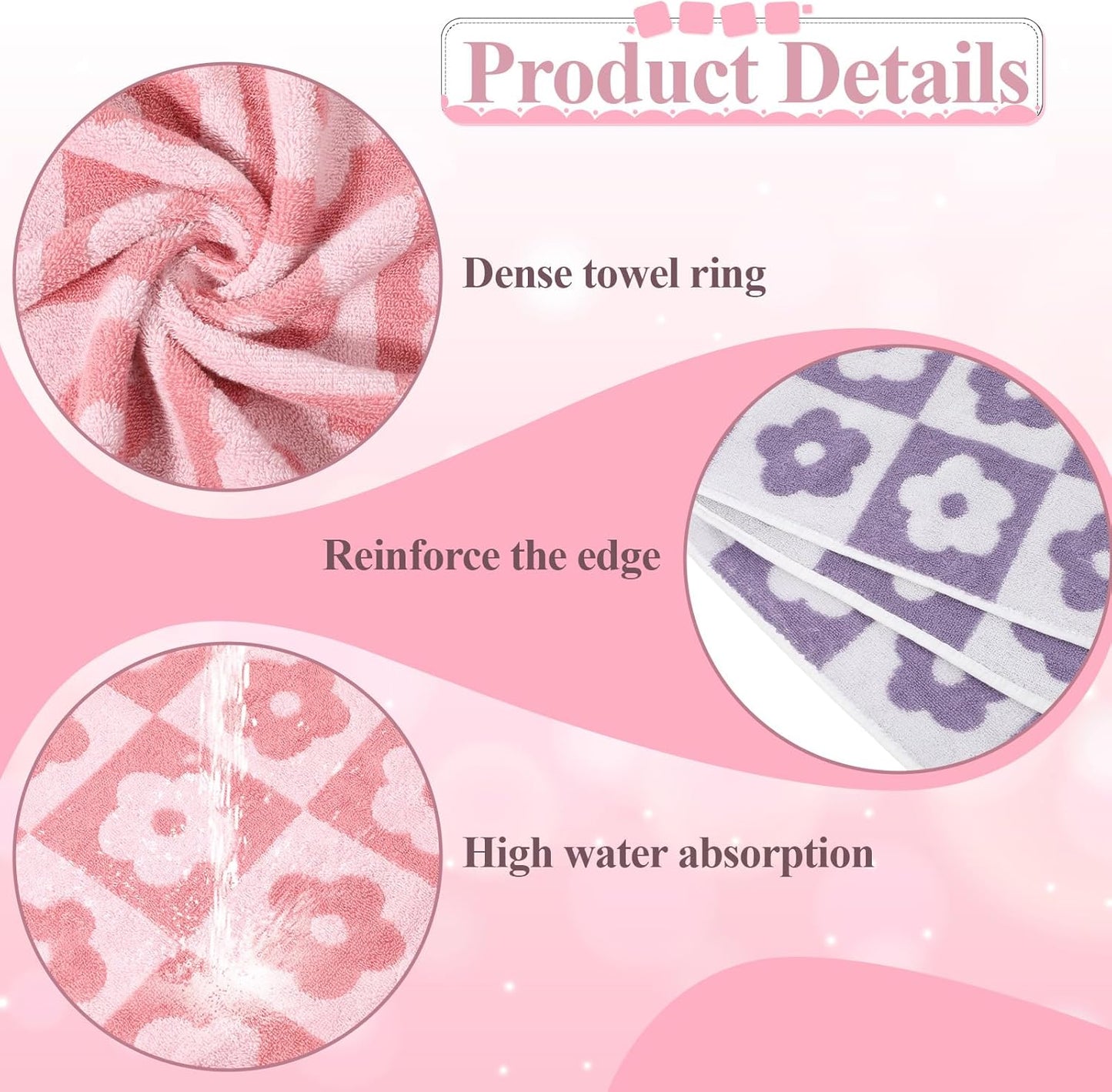 2 PCS Checkered Bath Towels Cute Cotton Floral Bath Towel Soft Absorbent Large Shower Towels for Bathroom, Pool, College Dorm, 27.5x55 Inches, Pink and Purple