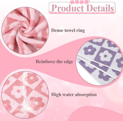2 PCS Checkered Bath Towels Cute Cotton Floral Bath Towel Soft Absorbent Large Shower Towels for Bathroom, Pool, College Dorm, 27.5x55 Inches, Pink and Purple