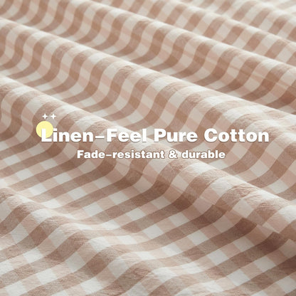 Ruffle Gingham Queen Sheet Set - 4 Piece Light Pink Plaid Cotton Bed Sheets Queen Size - 16 Inch Deep Pocket Checkered Ruffled Sheets Farmhouse Decor - Linen-Feel & Breathable