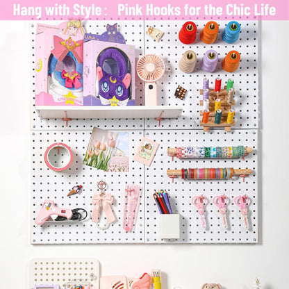 HUHOLE 50 Pack 4 Inch Pink Pegboard Hooks with Rubber Tips | Fits 1/8 and 1/4 Inch Pegboards, 20 lb Capacity Metal Hangers for Craft Room, Nursery, Garage and Retail Display