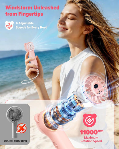 Portable Handheld Fan, Cute Bear Mini Fan with 11000 RPM High Speed, Rechargeable Personal Fan with 4 Speeds, Pocket Small Fan for Travel, Makeup, Lash, Gifts for Women Girl - Pink