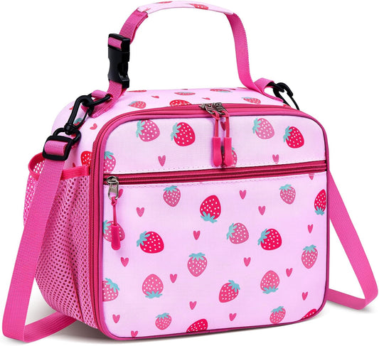 Kids Lunch Box Kids Lunch Bag for Girls Boys, Insulated Lunch Bag for Men with Shoulder Strap, Small Lunchbox for Girls School Travel Picnic (Pink, Strawberry)