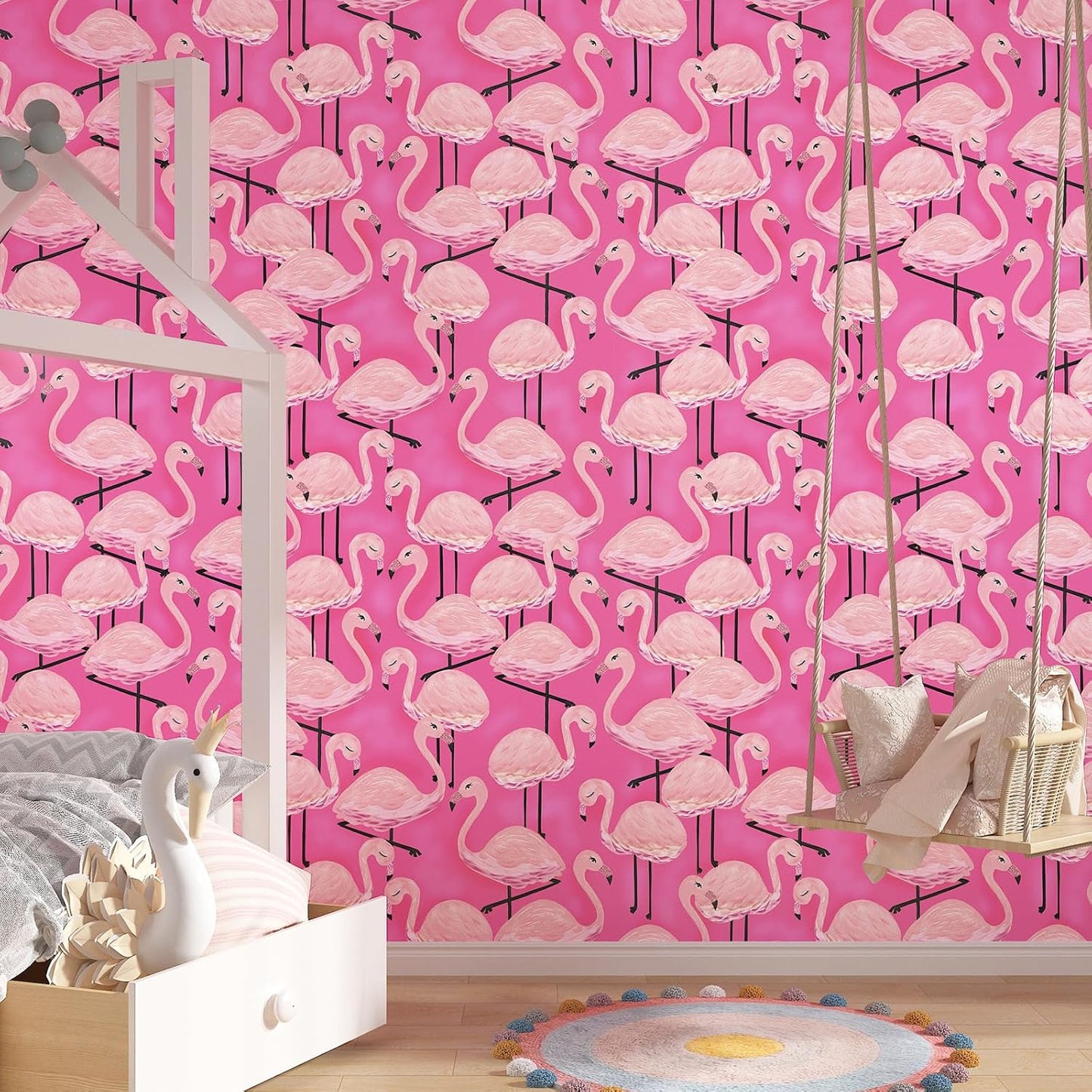 Pink Flamingo Wallpaper Peel and Stick Animal Wallpaper Pink 17.5"X120" Self Adhesive Wall Paper Peel and Stick Modern Watercolor Flamingo Contact Paper for Cabinets and Drawers Living Room