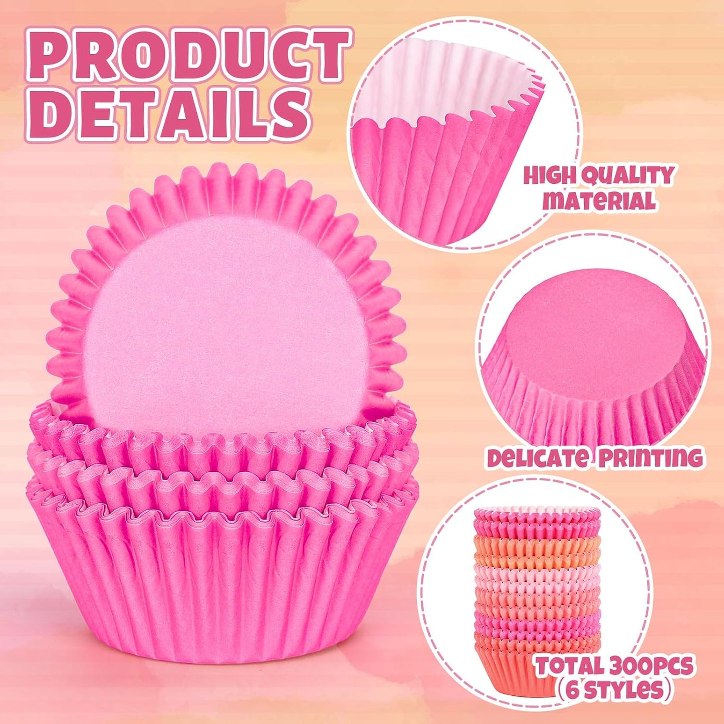 Whaline 300Pcs Pink Orange Cupcake Liners Paper Baking Cups Standard Muffin Cupcake Wrappers for Spring Summer Baby Shower Wedding Birthday Party Supplies Table Decor