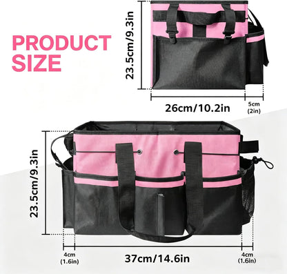 Wearable Cleaning Caddy Organizer with Handle & Adjustable Shoulder Strap 4 Foldable Compartments, Cleaning Supplies Caddy for Housekeepers, Car, Home, Hotel & Outdoor Cleaning Bag（Pink）