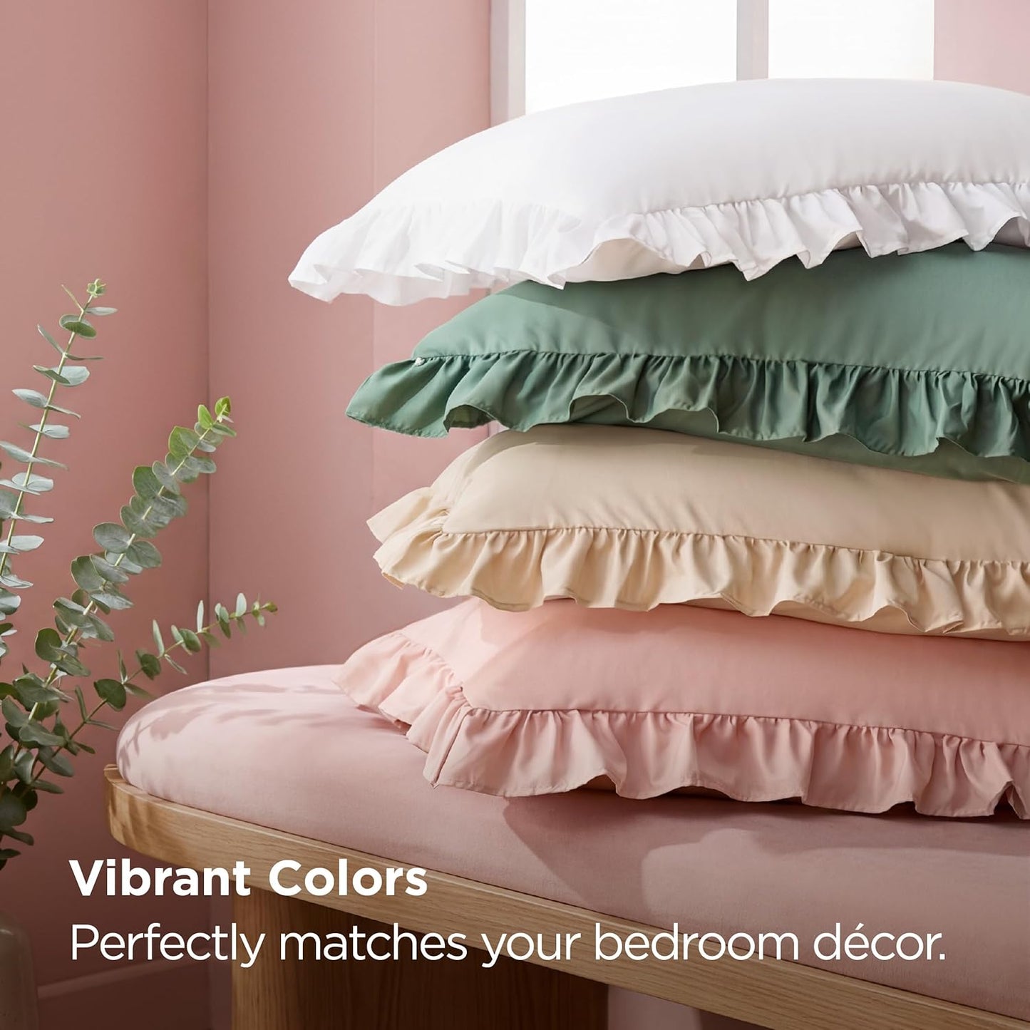 Bedsure Ruffle Pillow Cases, Pillow Shams Standard Size Set of 2, Double Brushed Microfiber, Decorative Ruffled Pillow Covers with Envelope Closure, Wrinkle Fade Resistant, 20" x 26", Blush Pink