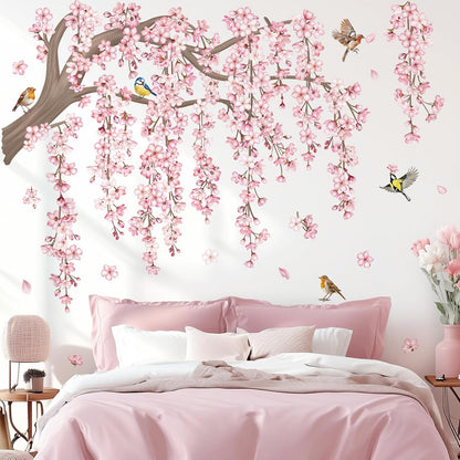 decalmile Large Pink Flower Tree Branch Wall Decals Cherry Blossom Tree Floral Birds Wall Stickers Living Room Bedroom Tv Background Wall Decor