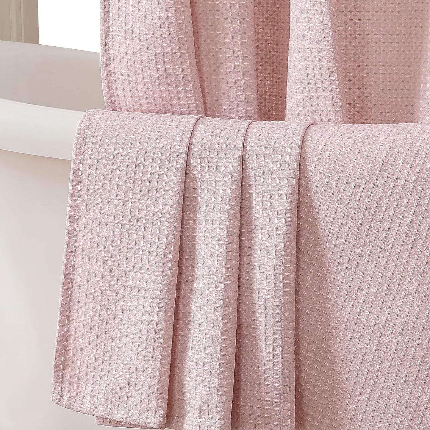 OVZME Blush Pink Shower Curtain Set, Waffle Textured Heavy Duty Fabric Shower Curtain for Bathroom, Luxury Hotel Weighted 230GSM Waterproof Bath Curtain with 12 Plastic Hooks, Machine Washable, 72x72