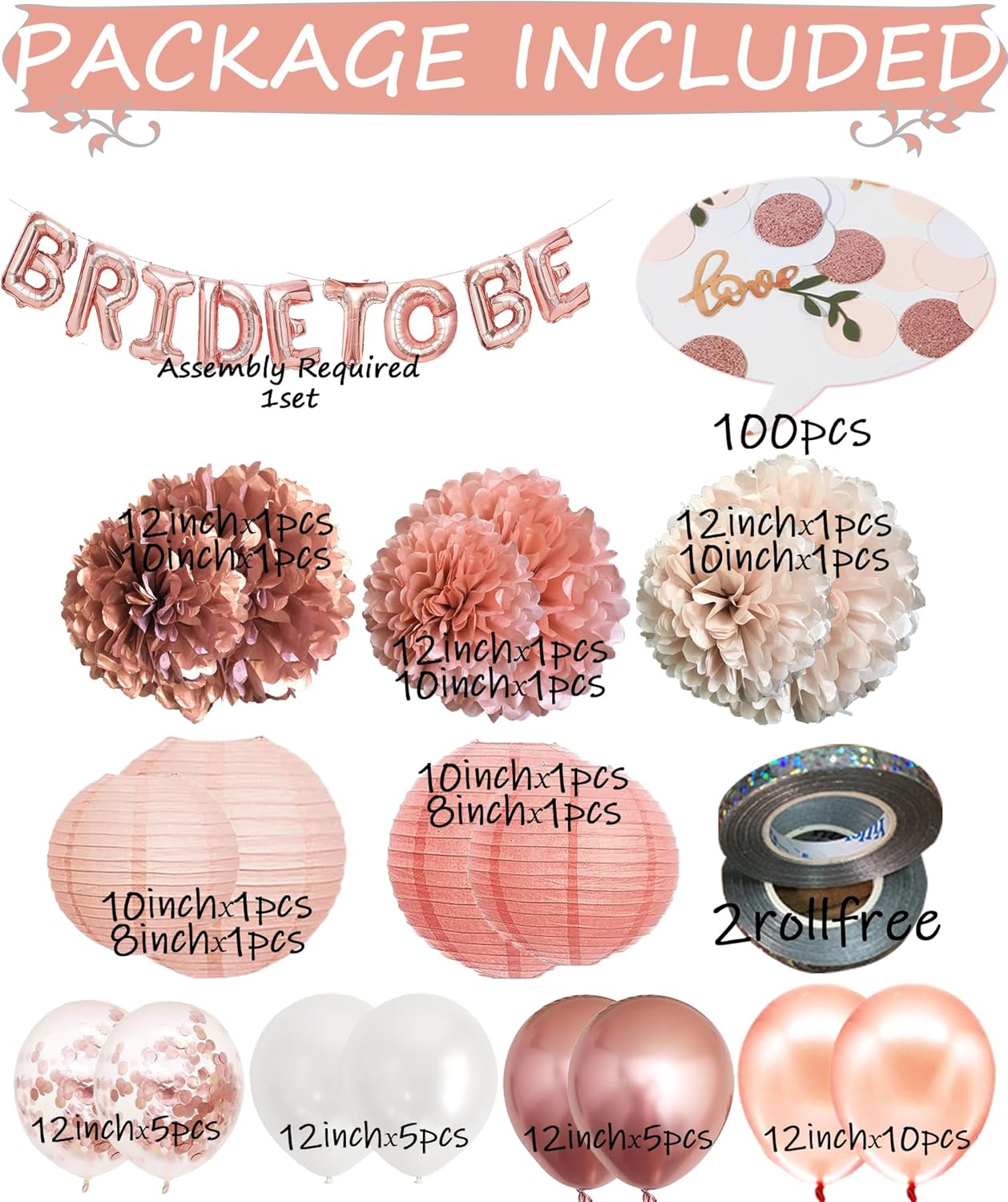 Bachelorette Party Decorations - Bridal Shower Party Decor and Supplies Kit for Wedding With Foil Balloons Table Confetti Scatters Hanging Paper Lantern Tissue Flowers (Rose Gold)