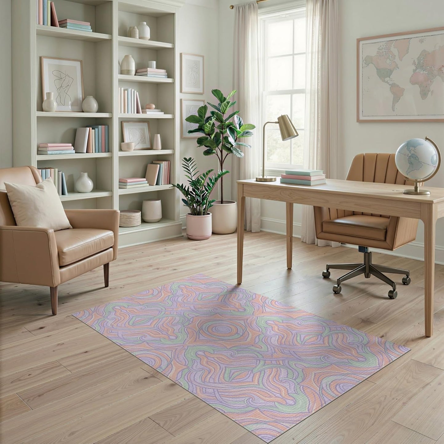 4'x6' Washable Abstract Swirl Area Rug, Peach Flatwoven Floor Mat Non-Slip Chair-Friendly Carpet for Home Office, Gaming Room, Under Desk | Ref:2091782